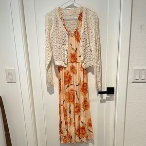 Patrons of Peace Cream and Orange Floral Maxi Dress with Cardigan 2 piece